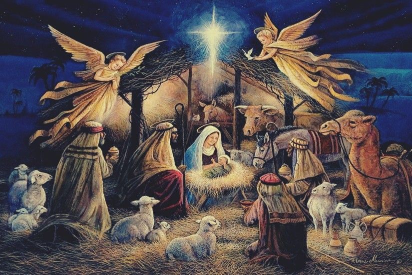 Virgin Mary, Jesus Christ, Christmas, Lights, Angel, Night, Religion,
