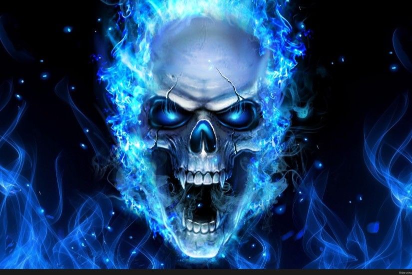 Skull On Blue Fire - http://wallpapersko.com/skull-on