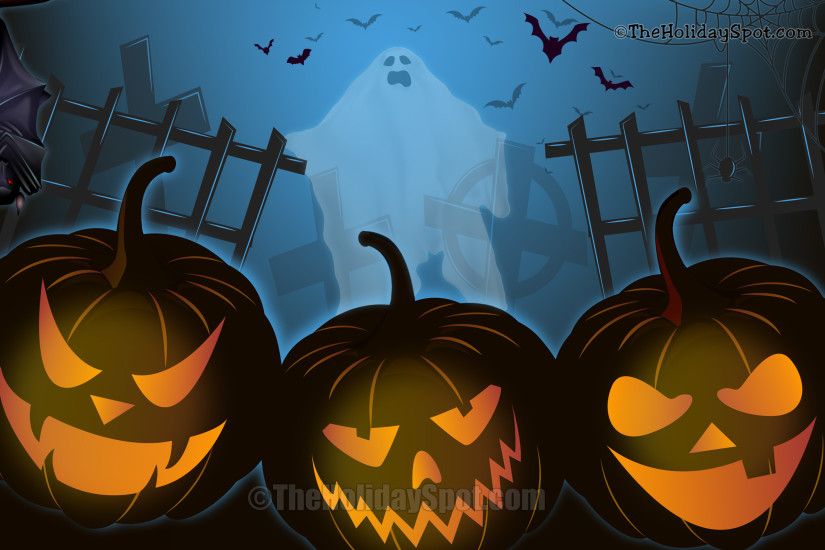 Wallpaper - Halloween Night with bat, pumpkins and ghost