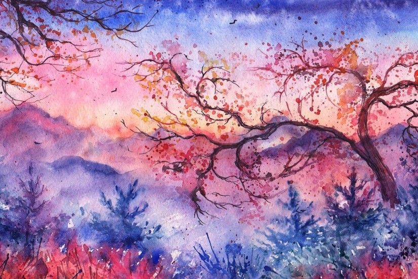 Painted Tag - Christmas Landscape Trees Foliage Watercolor Birds Painted  Evening Sunset Mountains Abstract Nature Wallpaper