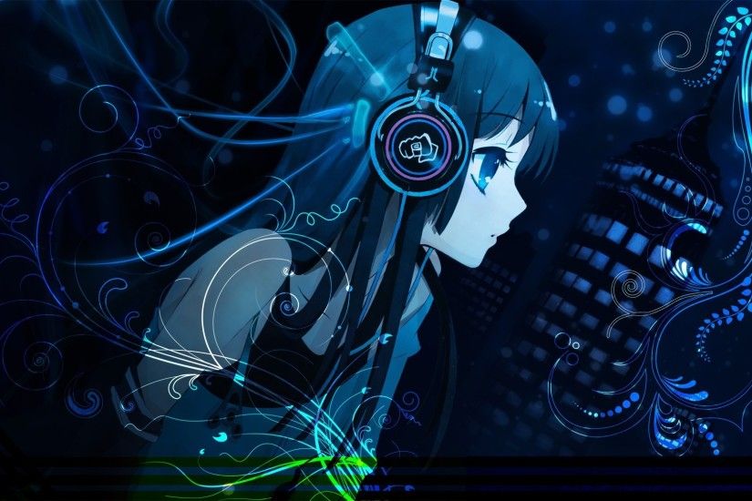 Anime girl with headphones HD Wallpaper 1920x1080