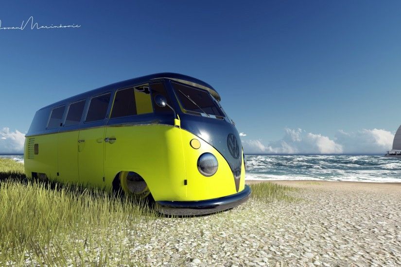 car render vehicle beach Volkswagen VW Kombi yellow transport Van bus land  vehicle automobile make recreational