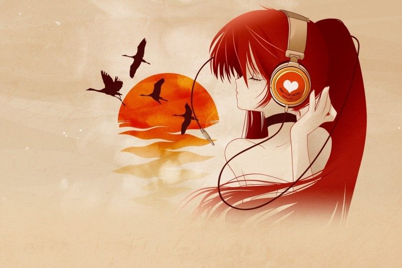 anime music, girl, crying, headphone, cranes, sunset, birds, pattern