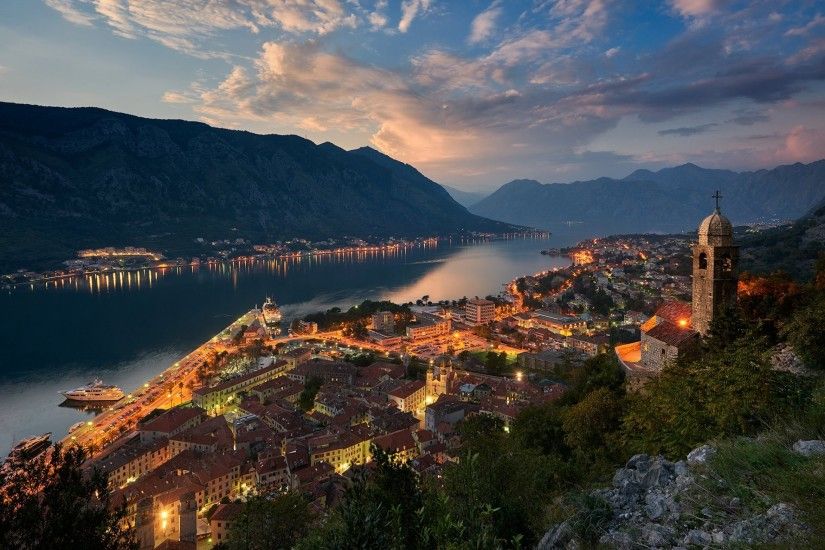 montenegro town which bay of kotor adriatic sea mountain house light church  night