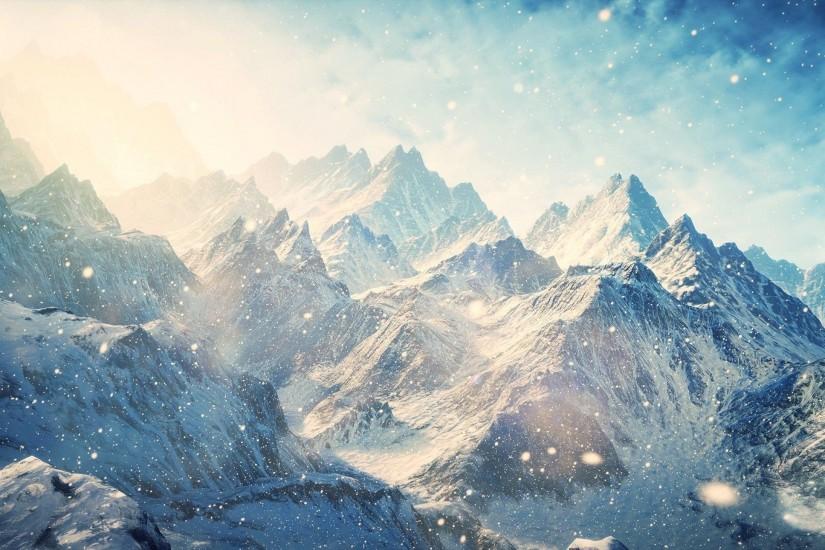 Preview wallpaper skyrim, mountains, winter, snow, shine, glare 2560x1440