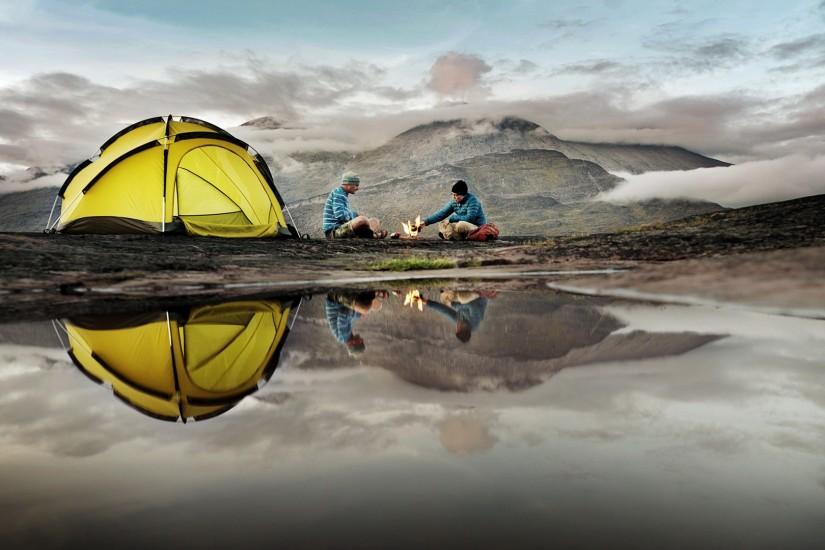 Tent Reflection Camp Camping sports lakes water mountains people fire  flames wallpaper