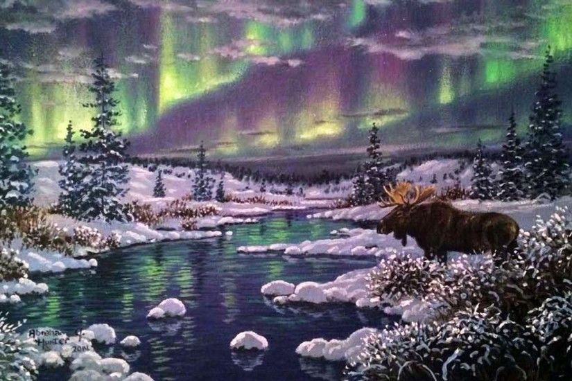 Aurora Forest Snow Moose River wallpapers and stock photos