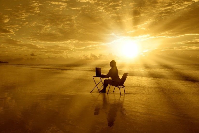 mood girl chair table computer open spaces sea water sun clouds sky  background widescreen full screen