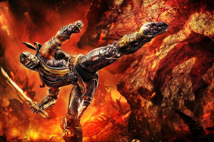 Scorpion on a background of fire in the game Mortal Kombat