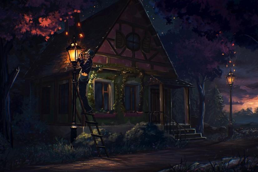 Preview wallpaper house, fairy tale, art, light, night 1920x1080