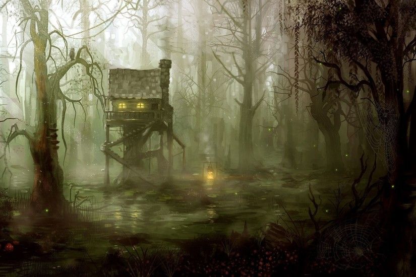 Fantasy art artistic drawing painting dark spooky architecture buildings  houses swamp jungle forest trees fire flames