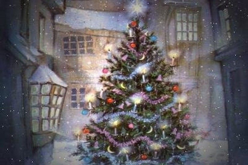 christmas tree, snow, winter, Thomas Kinkade