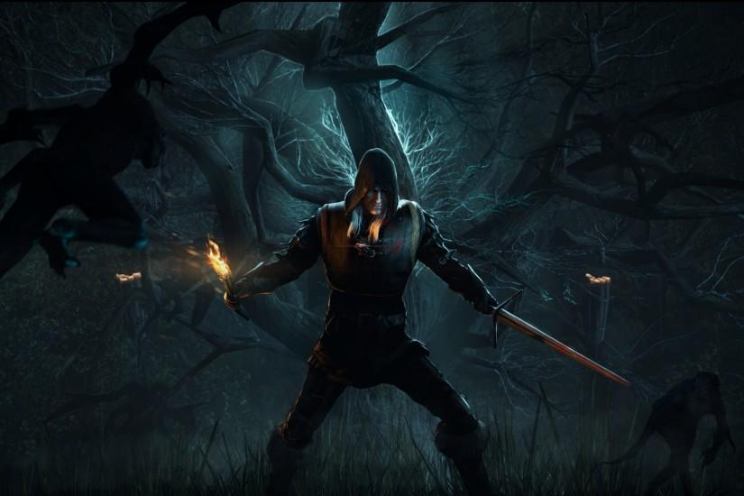 Preview wallpaper the witcher 3, wild hunt, forest, warrior, torch 3840x2160