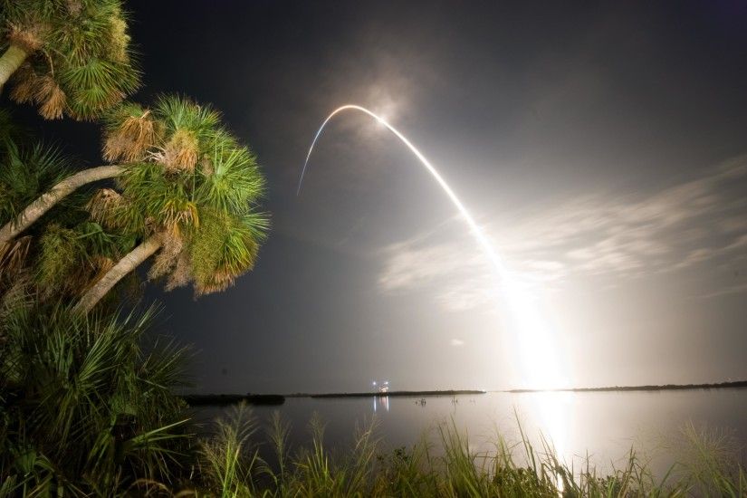 Arc of light from Earth to sky from shuttle launch in distance with palm  trees close
