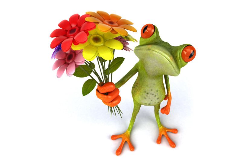 Frog, Bouquet Of Flowers, Funny, 3d