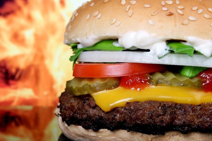 Preview wallpaper cheeseburger, fast food, fire 3840x2160
