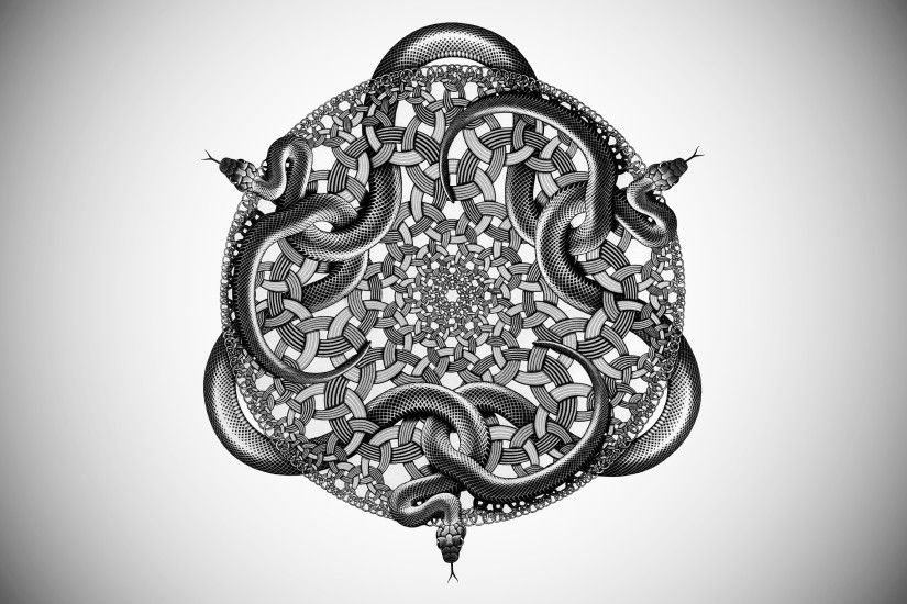 General 2720x1530 M. C. Escher snake abstract artwork monochrome drawing  circle symmetry occult
