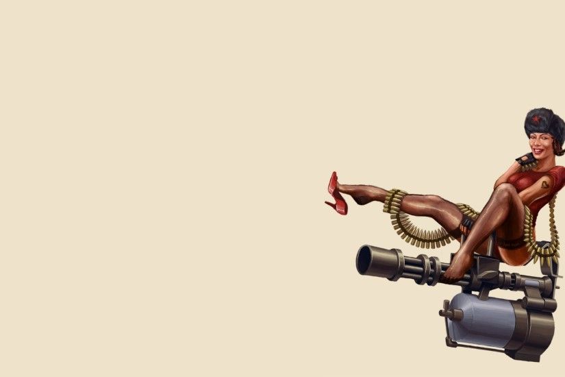 Tattoos stockings soviet weapons high heels team fortress 2 sitting simple background  pin up girls Wallpaper