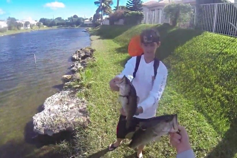 Crazy epic South Florida (Boca Raton) freshwater Largemouth bass fishing;  multiple double hook-ups
