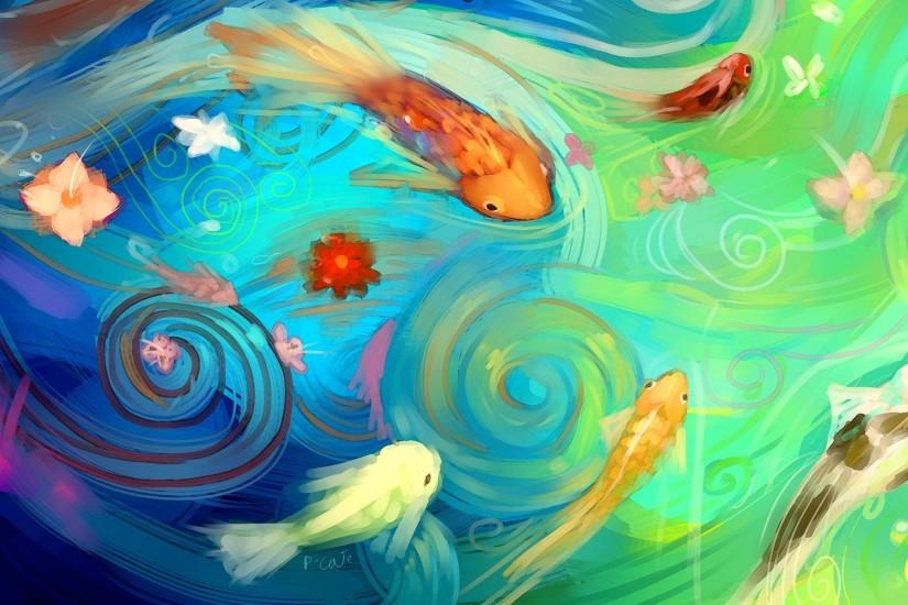 water flowers fish abstraction art pond asian wallpaper