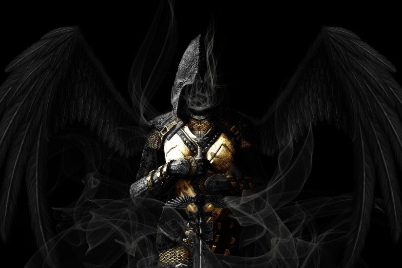 Angels Armour Artwork Black Background Dark Angel Hood Smoke Swords Weapons  Wings Women