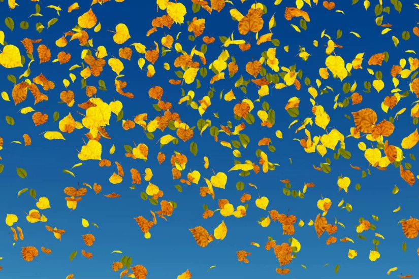 Subscription Library Falling autumn leaves in slow-motion on blue sky  background. Fall season decorative 3D