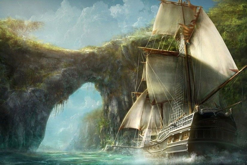 Medieval ship entering the island wallpaper - Fantasy wallpapers .