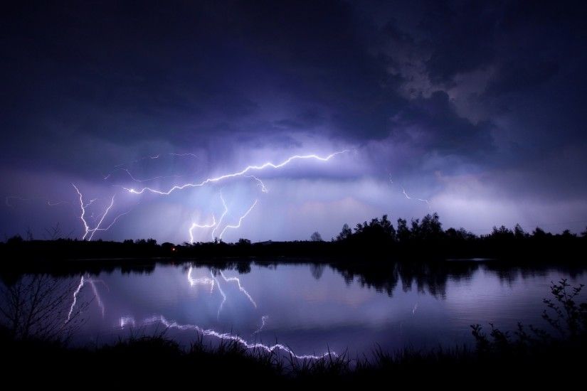 1920x1080 Wallpaper lightning, water, reflection, elements, night, lake