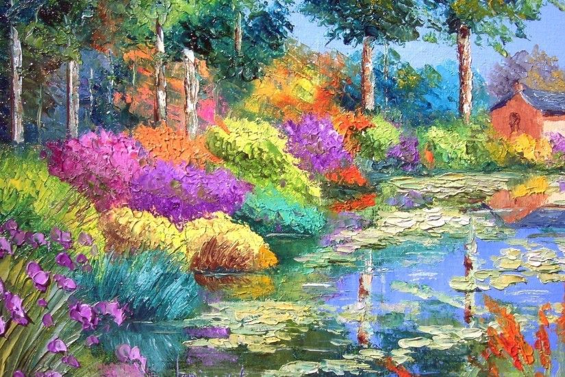 Abstract house Lake Flowers Painting Wallpapers