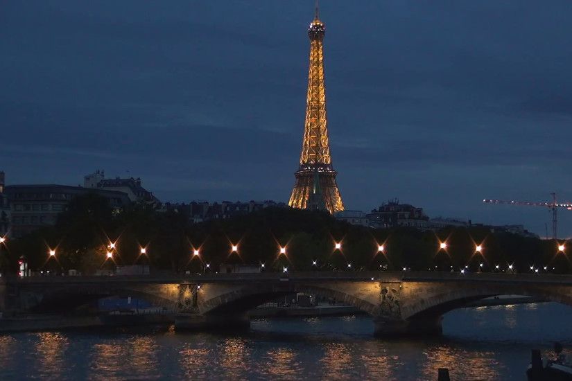 Paris Cityscape Night View Eiffel Tower Background Seine Bridge Lights  Water Reflection