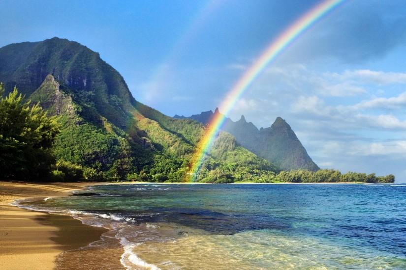 Glorious Rainbow On Hawaiian Beach Wallpapers