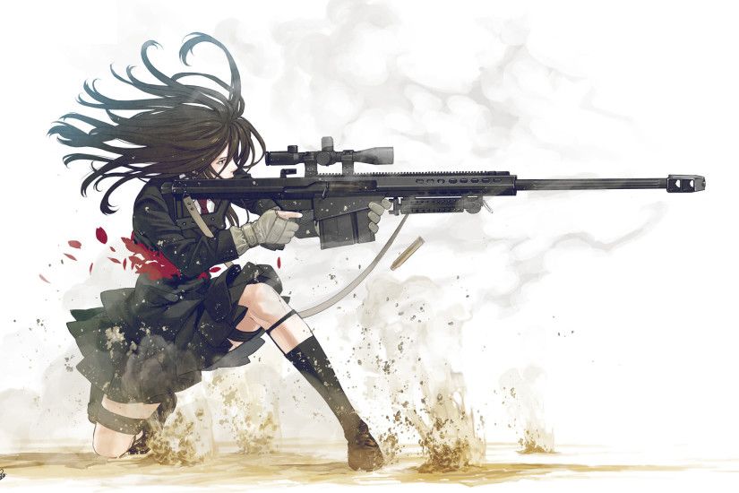 Anime 2237x1405 anime anime girls women weapon Barrett .50 Cal skirt school  uniform uniform dark