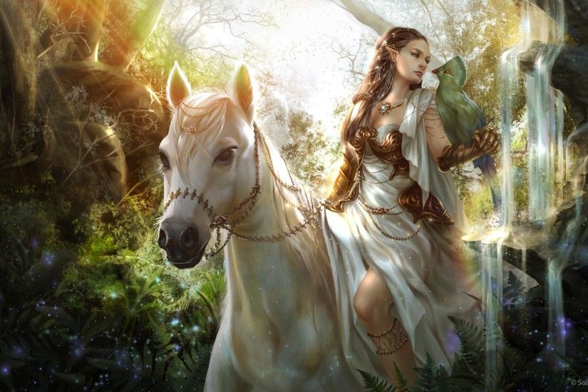 Fantasy - Women Fantasy Pointed Ears Woman Girl Horse Bird Elf Waterfall  Wallpaper