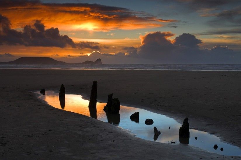 Magical Beach Sunset Clouds Pool Rocks World Wales Desktop Wallpaper Nature  - 1920x1080