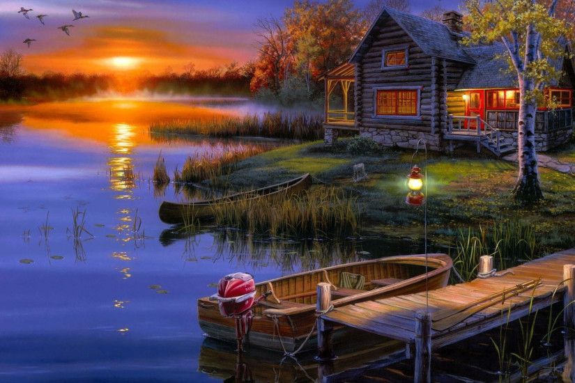 Autumn sunset at the lakeside house wallpaper