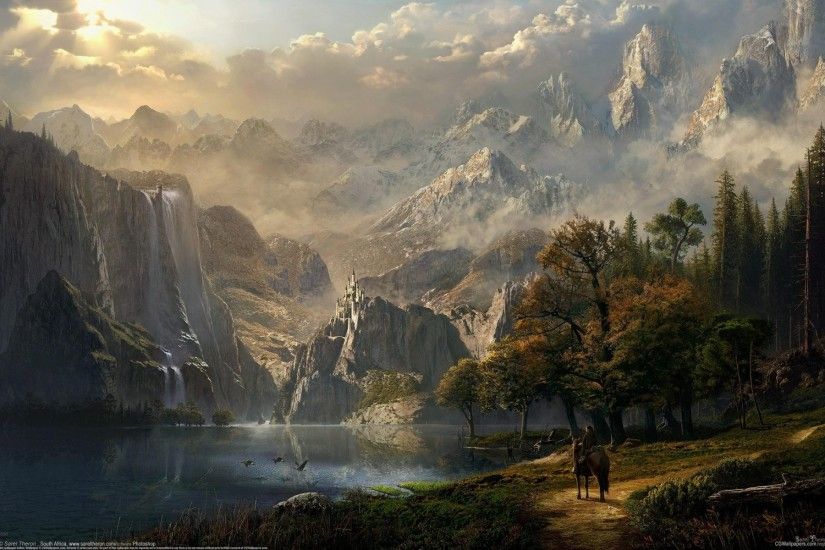 cg wallpapers idyll's fall sarel theron fantasy castle lake mountain  waterfall forest girl elf horse rider