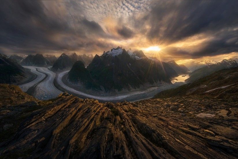 mountain, Sunset, Nature, Alaska, Glaciers, Summer, Snowy Peak, Clouds  Wallpaper HD