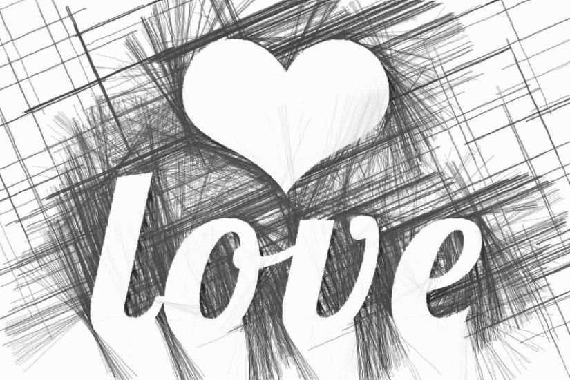 Heart symbol and word Love appears on abstract hatched black and white  background. Decorative artistic animation devoted to the Valentines day.