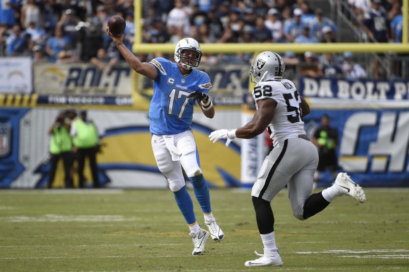 San Diego Chargers quarterback Philip Rivers throws a pass during the first  half of an NFL.