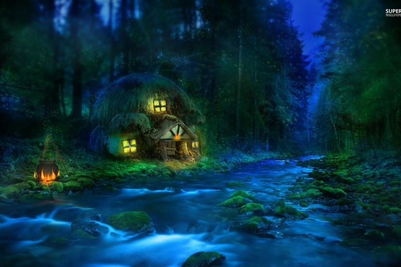 Small riverside hut in the forest wallpaper