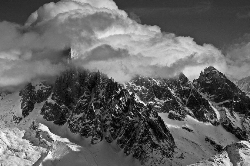 Black Tag - Nature Landscapes Winter Clouds Sky Mountains Snow Monochrome  Black White Peaks Wallpapers For