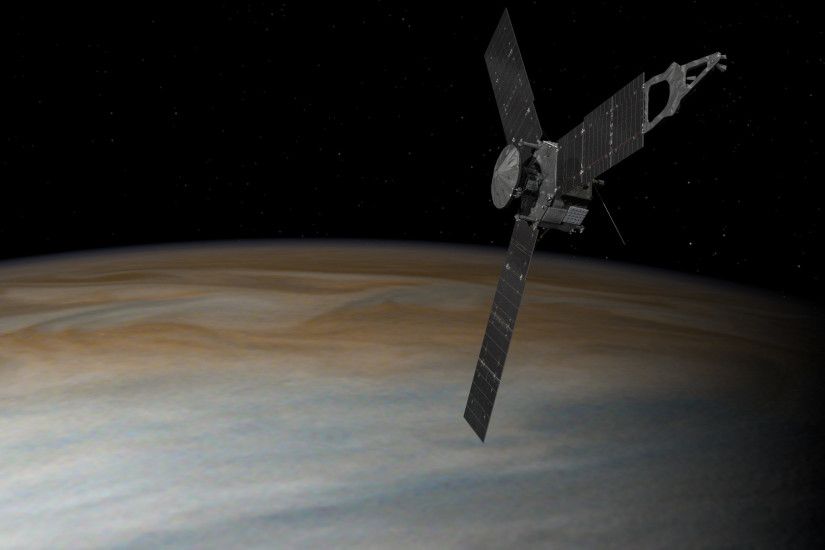 This illustration depicts NASA's Juno spacecraft in orbit above Jupiter