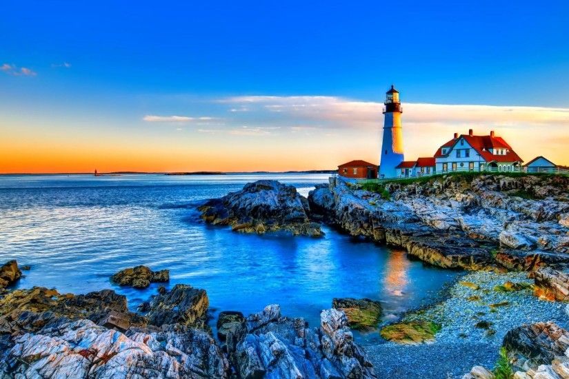 Gorgeous Lighthouse On A Rocky Shore Hdr HD Desktop Background Wallpaper HD