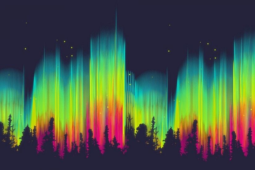 bright, color, aurora borealis, forest, stars, graphics, background .