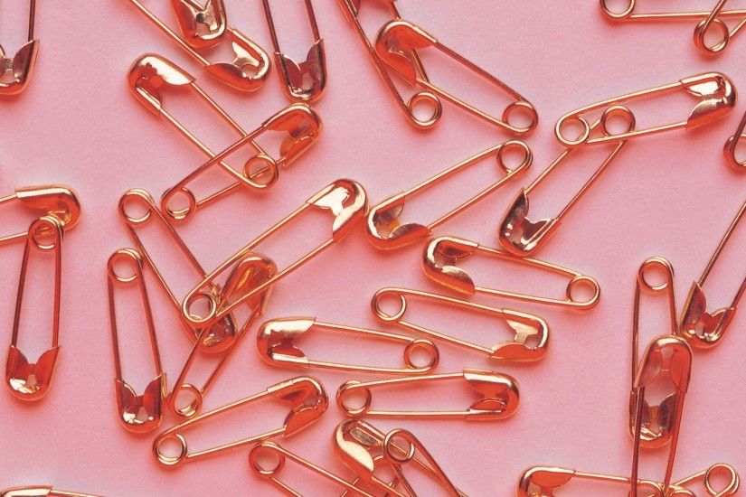 Preview wallpaper pins, metal, gold, pink background 2048x1152