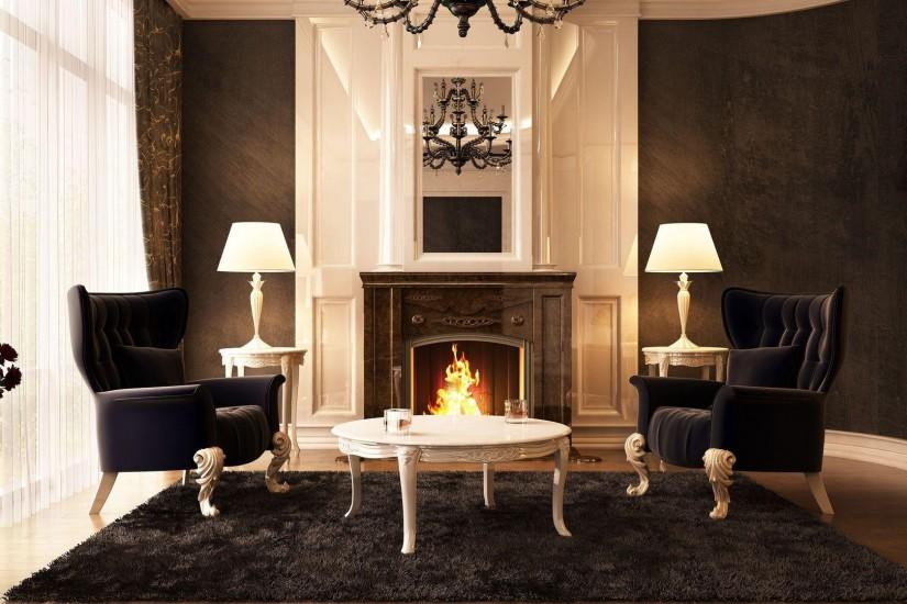 Black chairs in front of the fireplace