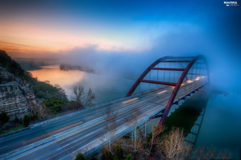 Fog, bridge, Pennybacker, The United States, River, Austin