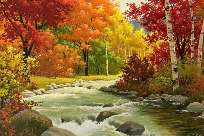 Preview wallpaper autumn, landscape, painting, river, wood 1920x1080