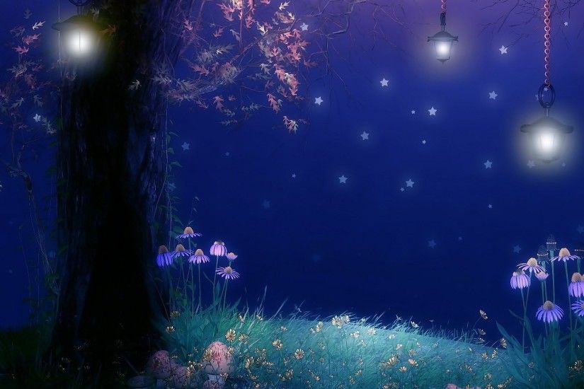 Artistic - Fantasy Artistic Forest Flower Night Tree Lantern Wallpaper