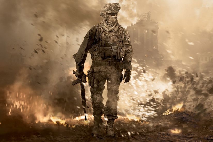 Preview wallpaper call of duty, soldier, gun, glasses, explosion 3840x2160